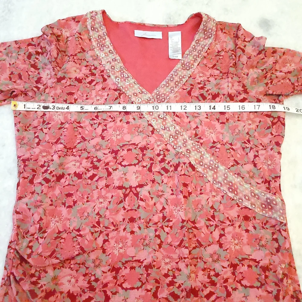 JH Collectibles Women's Large Nylon Mesh Stretch 3/4 Sleeves V-Neck Pink Gray - Picture 9 of 15